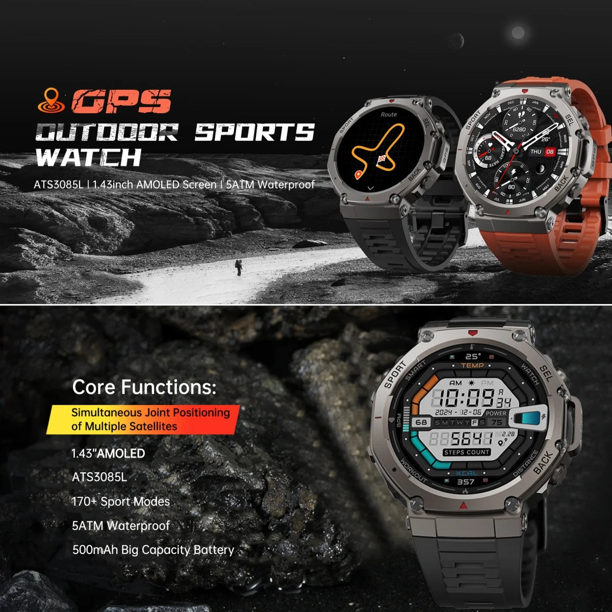 VWAR T-Rex3 GPS reloj inteligente 2025 para Xiaomi Samsung reloj inteligente militar hombres 5ATM impermeable 170 modos deportivos GPS incorporado BT llamada