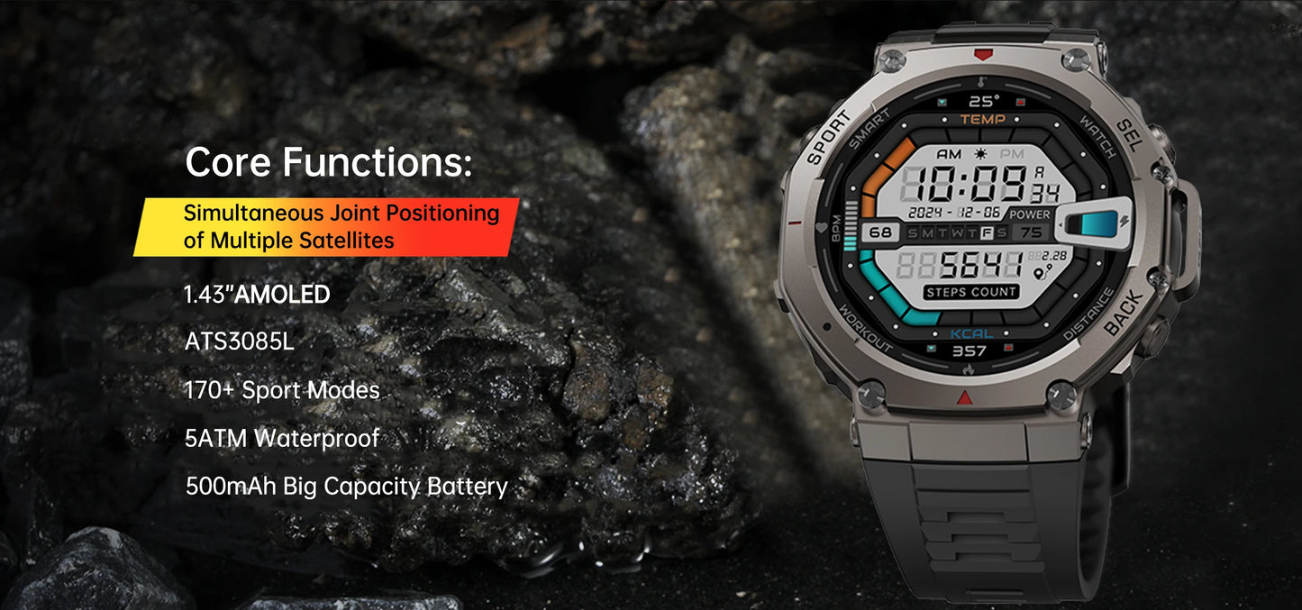 VWAR T-Rex3 GPS reloj inteligente 2025 para Xiaomi Samsung reloj inteligente militar hombres 5ATM impermeable 170 modos deportivos GPS incorporado BT llamada