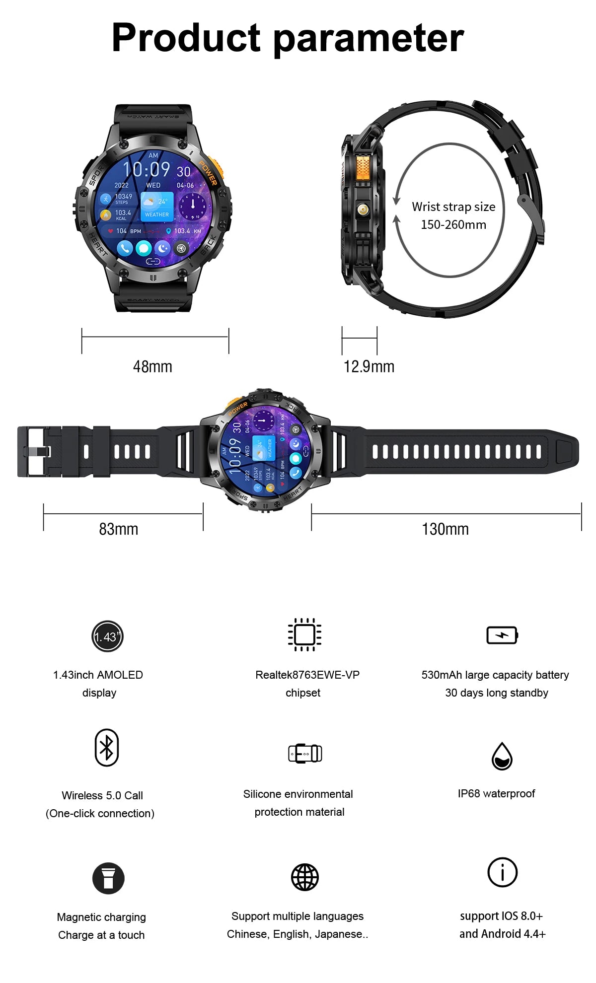 Para Huawei Xiaomi nuevo reloj inteligente AMOLED para hombres con linterna deportes impermeable rastreador de Fitness Bluetooth llamada Smartwatch hombre + caja